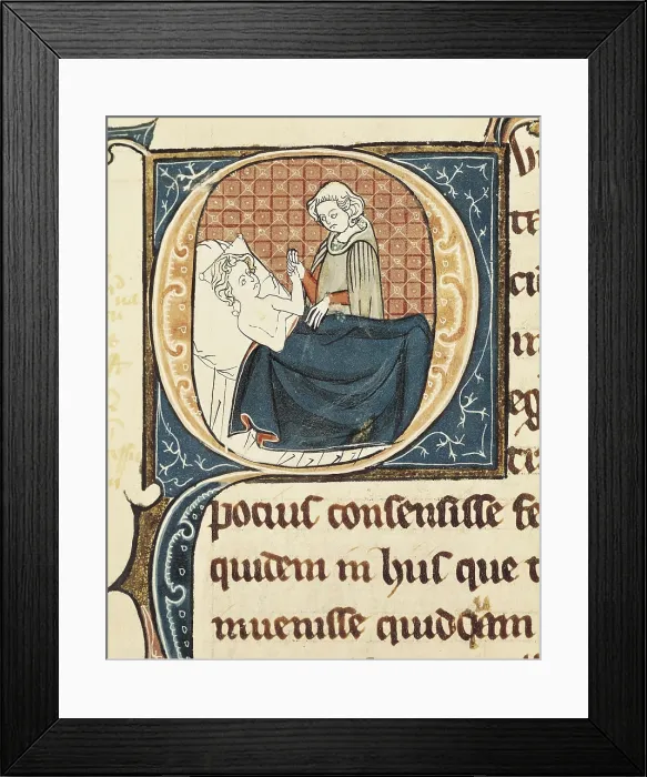 Framed Print : Galen of Pergamum (129-c. 216). French miniature from the manuscript 1003 fol.185 of the 'Galen's Works'. Doctor examining a patient. Gothic art. Miniature Painting