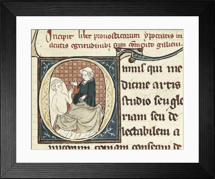 Framed Print : Galen of Pergamum (129-c. 216). French miniature from the manuscript 1003 fol.79 of the 'Galen's Works'. Doctor diagnosing a patient. Gothic art. Miniature Painting