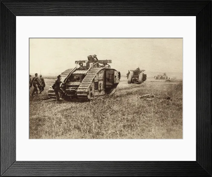 Framed Print : World War 1 Tanks. British tanks advancing in battle, leaving behind them the dead bodies of Germans who a few minutes before attacked the tank. 1917-18. (BSLOC_2013_1_154)