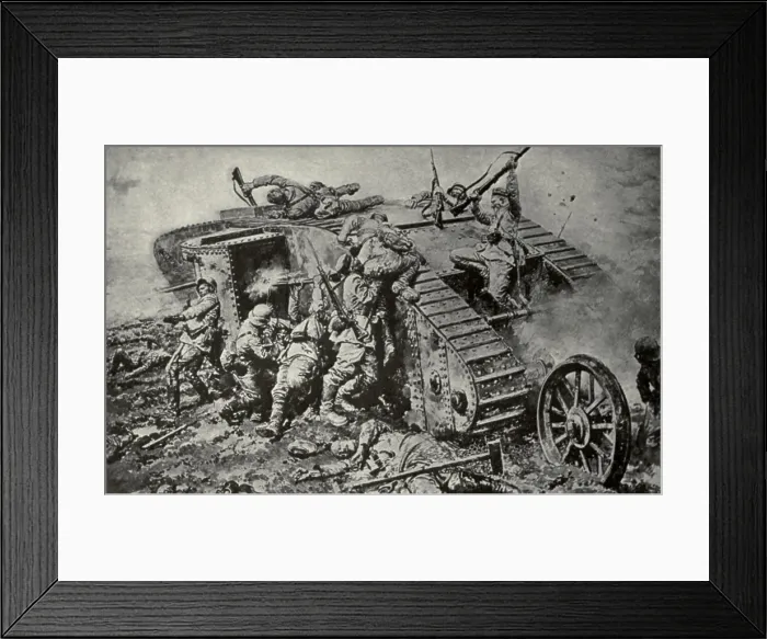 Framed Print : World War 1 Tanks. German soldiers attack on a British Tank. Tanks had blind spots and were vulnerable to grenades. Germans developed special bullets and anti-tank rifles