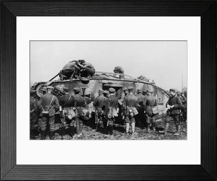 Framed Print : World War 1 Tanks. German soldiers standing on and around a tank with an Iron Cross insignia Framed Print : World War 1 Tanks. German soldiers standing on and around a tank with an Iron Cross insignia