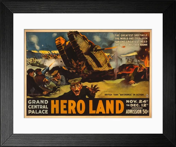 Framed Print : World War 1 Tanks. Poster advertising Hero Land, an exhibition and 16-Day Military Pageant, for the Benefit of American and Allied Relief