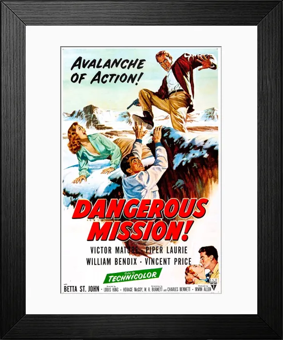 Framed Print : DANGEROUS MISSION, US poster, from left: Piper Laurie, Victor Mature, Vincent Price, 1954 Framed Print : DANGEROUS MISSION, US poster, from left: Piper Laurie, Victor Mature, Vincent Price, 1954
