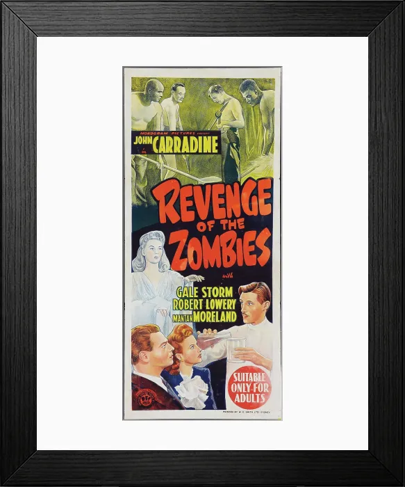 Framed Print : REVENGE OF THE ZOMBIES, bottom from top left: Veda Ann Borg, Robert Lowery, Gale Storm, John Carradine on Australian poster art, 1943