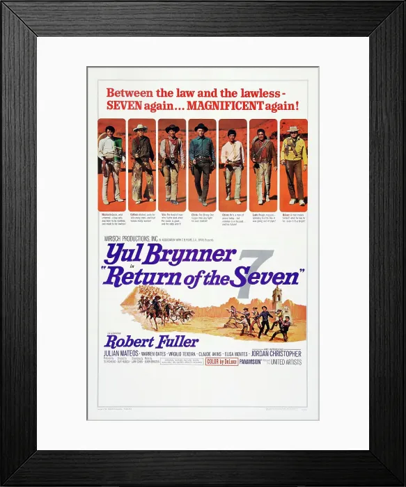 Framed Print : RETURN OF THE SEVEN, US poster, from left: Jordan Christopher, Warren Oates, Robert Fuller, Yul Brynner, Julian Mateos, Virgilio Teixeira, Claude Akins, 1966 Framed Print : RETURN OF THE SEVEN, US poster, from left: Jordan Christopher, Warren Oates, Robert Fuller, Yul Brynner, Julian Mateos, Virgilio Teixeira, Claude Akins, 1966