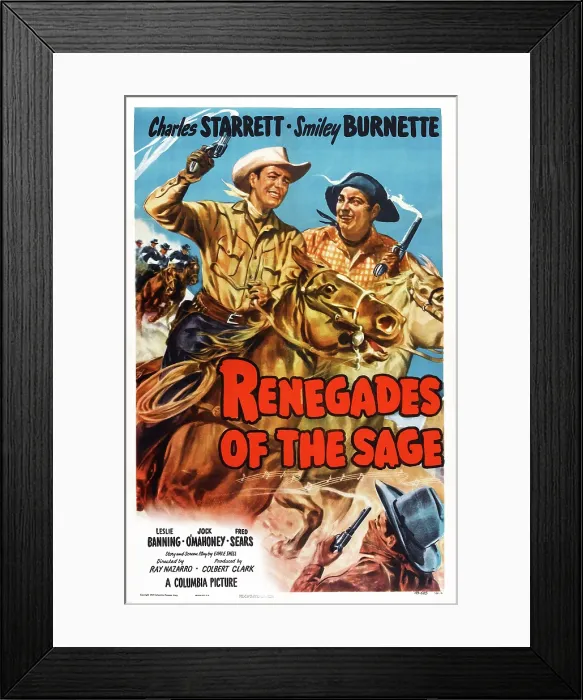 Framed Print : RENEGADES OF THE SAGE, US poster, from left: Charles Starrett, Smiley Burnette, 1949 Framed Print : RENEGADES OF THE SAGE, US poster, from left: Charles Starrett, Smiley Burnette, 1949