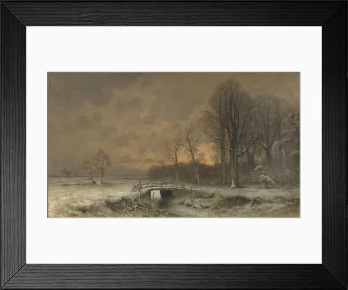 Framed Print : Winter Scene with the Sun Setting Behind Trees, Louis Apol, c. 1890-20. Wooden bridge near a meadow bordered by woods (BSLOC_2016_2_16) Framed Print : Winter Scene with the Sun Setting Behind Trees, Louis Apol, c. 1890-20. Wooden bridge near a meadow bordered by woods (BSLOC_2016_2_16)