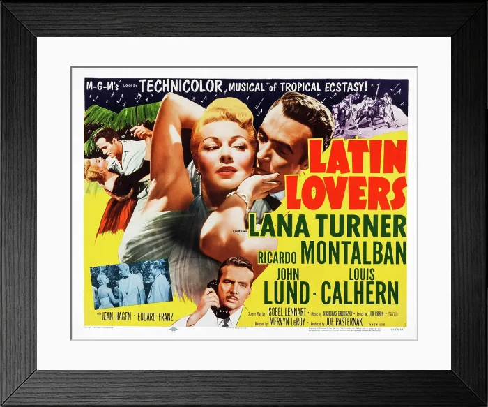 Framed Print : LATIN LOVERS, US poster art, top: Lana Turner, Ricardo Montalban; bottom insert from left: Lana Turner, Louis Calhern, John Lund; bottom center: John Lund, 1953 Framed Print : LATIN LOVERS, US poster art, top: Lana Turner, Ricardo Montalban; bottom insert from left: Lana Turner, Louis Calhern, John Lund; bottom center: John Lund, 1953
