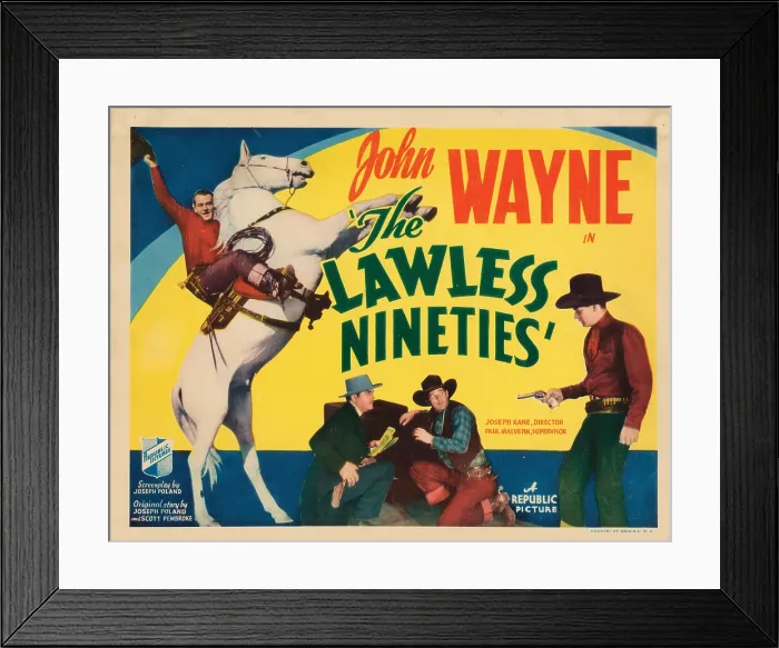 Framed Print : THE LAWLESS NINETIES, lobbycard, from top, John Wayne, Harry Woods, Al Bridge, John Wayne, 1936
