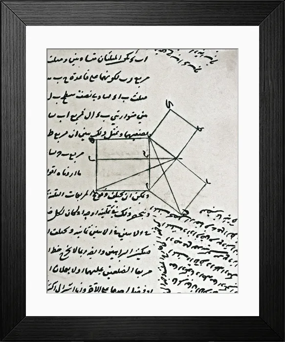 Framed Print : PYTHAGORAS ( c. 580 BC - c. 500). Page from an Arabic page of the Pythagorean theorem. AISA / Everett Collection**US SALES ONLY** Framed Print : PYTHAGORAS ( c. 580 BC - c. 500). Page from an Arabic page of the Pythagorean theorem. AISA / Everett Collection**US SALES ONLY**