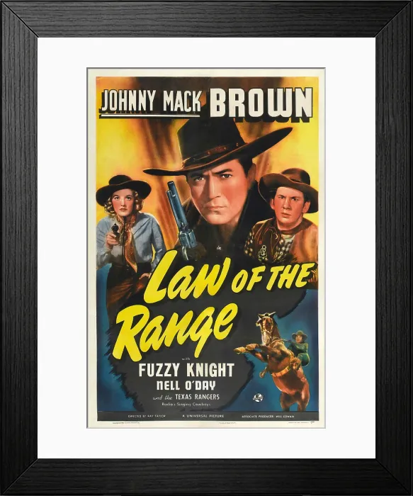 Framed Print : LAW OF THE RANGE, from left: Nell O'Day, Johnny Mack Brown, Fuzzy Knight, 1941