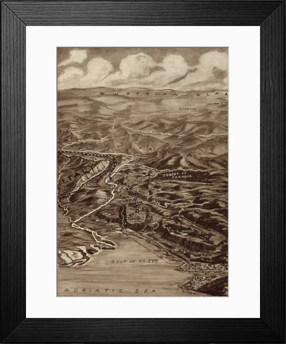 Framed Print : World War 1 map showing the point on the Carso Plateau reached by the Italian forces under General Cadorna in 1917
