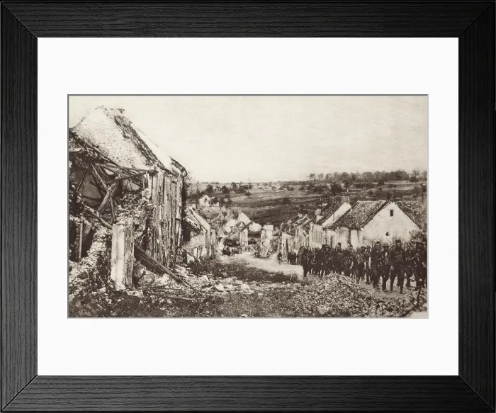 Framed Print : World War 1: Second Battle of the Marne. U.S. troops passing through a just captured town in their advance from the Marne to the Vesle, 75 miles northeast of Paris. Ca Framed Print : World War 1: Second Battle of the Marne. U.S. troops passing through a just captured town in their advance from the Marne to the Vesle, 75 miles northeast of Paris. Ca
