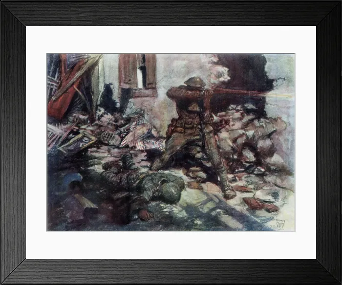 Framed Print : World War 1: Second Battle of the Marne. Drawing of an U.S. soldier in street fighting in a village along the Marne River. Ca. July 15 -Aug. 2, 1918 Framed Print : World War 1: Second Battle of the Marne. Drawing of an U.S. soldier in street fighting in a village along the Marne River. Ca. July 15 -Aug. 2, 1918