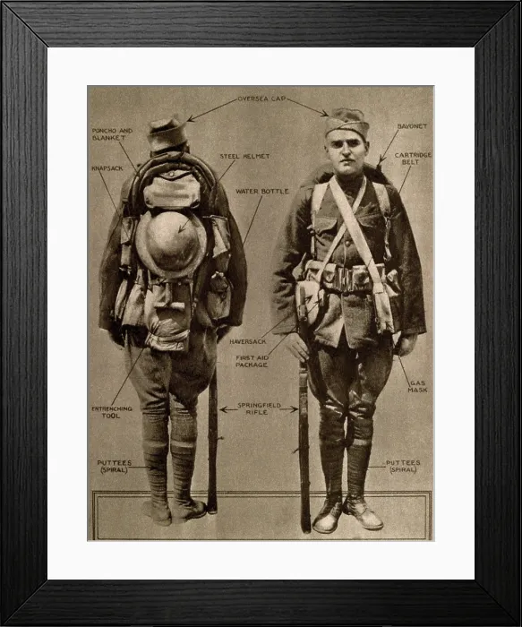 Framed Print : World War 1. United States Infantryman when fully equipped for field service. Ca. 1917. (BSLOC_2013_1_192)