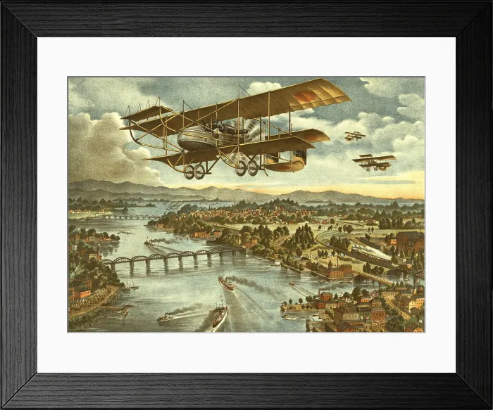 Framed Print : Japanese military bi-plane in flight. The title of the patriotic lithograph reads, Our army attacks from sky, water and shore, and repulsed the enemy in Siberia