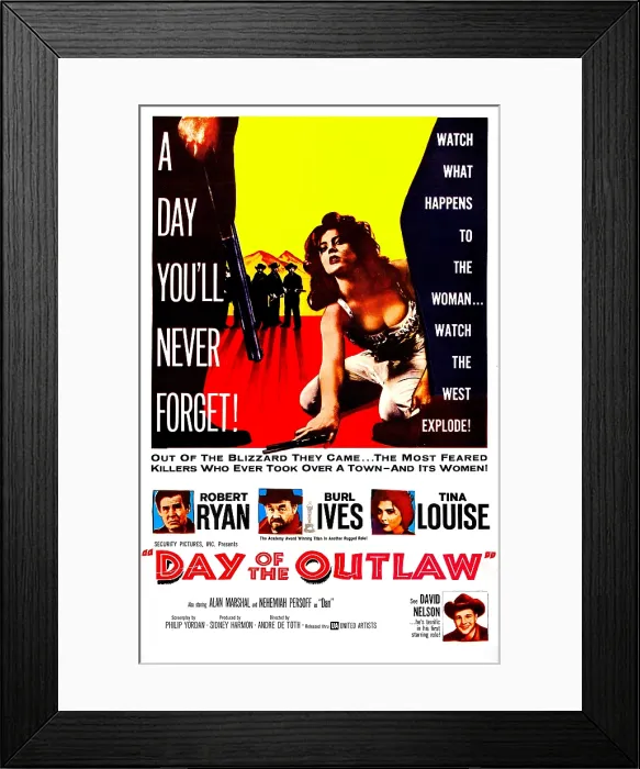 Framed Print : DAY OF THE OUTLAW, US poster, Tina Louise (top), center from left: Robert Ryan, Burl Ives, Tina Louise, bottom right: David Nelson, 1959 Framed Print : DAY OF THE OUTLAW, US poster, Tina Louise (top), center from left: Robert Ryan, Burl Ives, Tina Louise, bottom right: David Nelson, 1959
