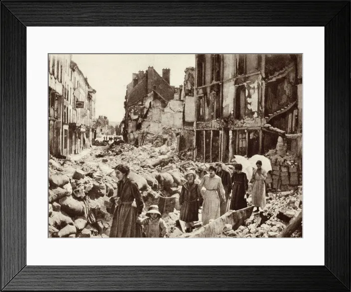 Framed Print : World War 1. Women and children who had been hiding in the cellars of Chateau-Thierry, France, emerging after the Allies liberated the city in July 1918. (BSLOC_2013_1_186)