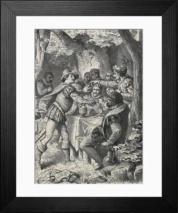 Framed Print : SHAKESPEARE, William (1564-1616). Illustration for William Shakespeare's work 'As you like', written between 1599 and 1600. Scene with Orlando talking to the guests