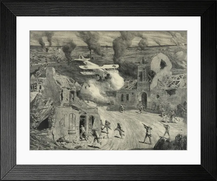 Framed Print : World War 1. American marines attacked by a German airplane at Vierzy during Soissons attack. After suffering 43% casualties, the Marines were relieved by French forces Framed Print : World War 1. American marines attacked by a German airplane at Vierzy during Soissons attack. After suffering 43% casualties, the Marines were relieved by French forces