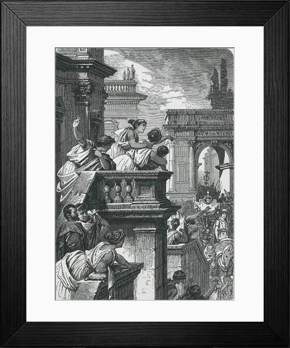 Framed Print : SHAKESPEARE, William (1564-1616). Illustration for William Shakespeare's work 'Coriolanus', written in 1608. Scene of the triumphal arrival of Volumnia and Virgilia