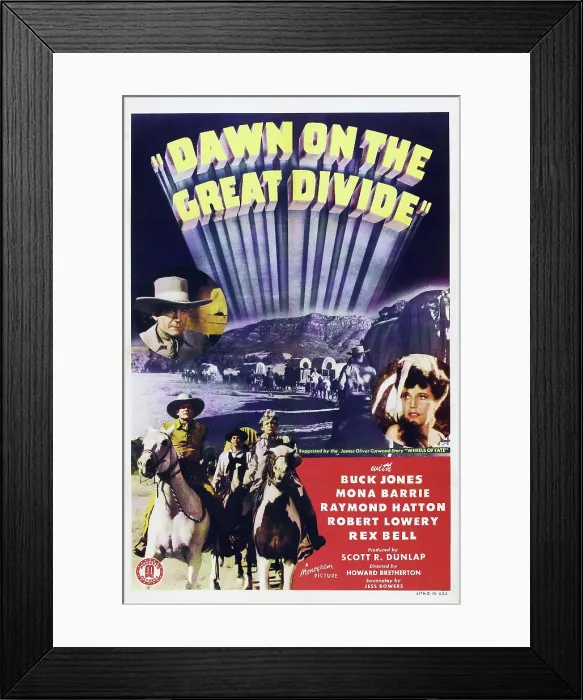 Framed Print : DAWN ON THE GREAT DIVIDE, US poster art, left: Buck Jones; right: Mona Barrie, 1942 Framed Print : DAWN ON THE GREAT DIVIDE, US poster art, left: Buck Jones; right: Mona Barrie, 1942