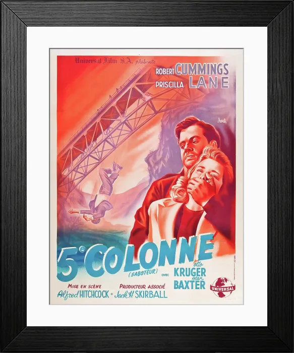 Framed Print : SABOTEUR, (aka 5 E COLONNE), French poster art, l-r: Robert Cummings, Priscilla Lane, 1942 Framed Print : SABOTEUR, (aka 5 E COLONNE), French poster art, l-r: Robert Cummings, Priscilla Lane, 1942