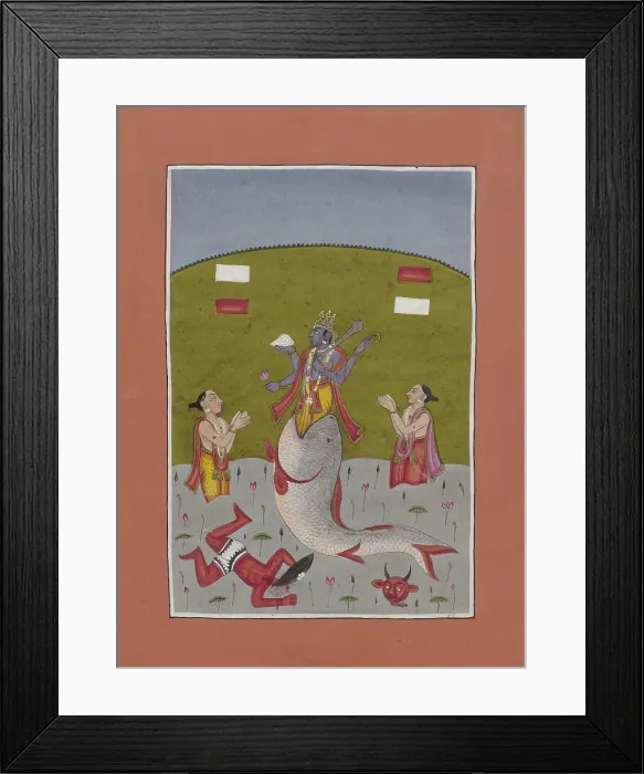 Framed Print : Vishnu Descends into the Mouth of a Fish, by Anonymous, c. 1825-75, South Asian watercolor painting (BSLOC_2016_2_193)