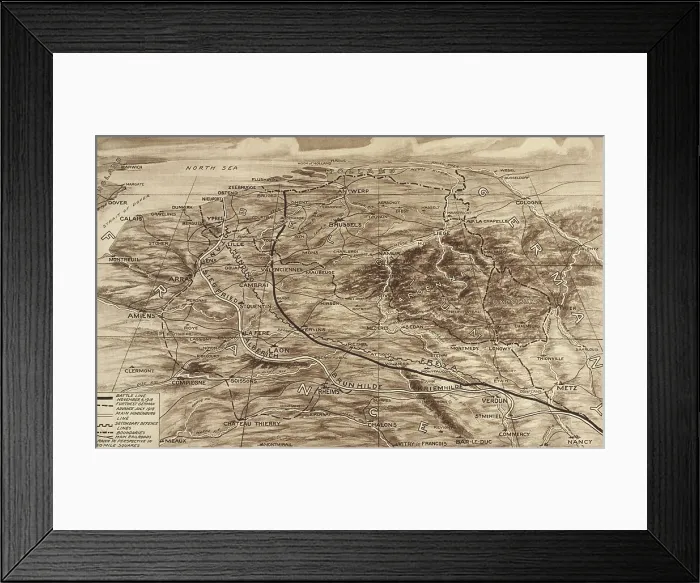 Framed Print : World War 1. Map of the Western Front showing the position of the opposing forces on Nov. 4, 1918, seven days before the armistice was signed