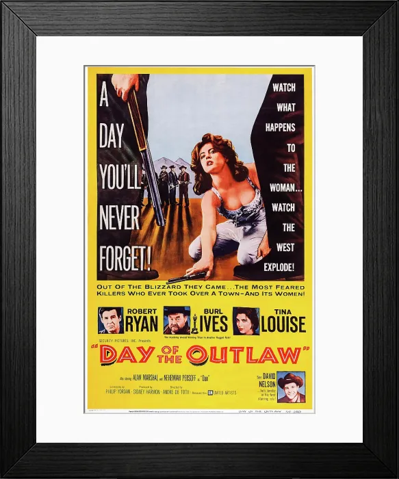 Framed Print : DAY OF THE OUTLAW, US poster art, Tina Louise (top), center from left: Robert Ryan, Burl Ives, Tina Louise, bottom right: David Nelson, 1959