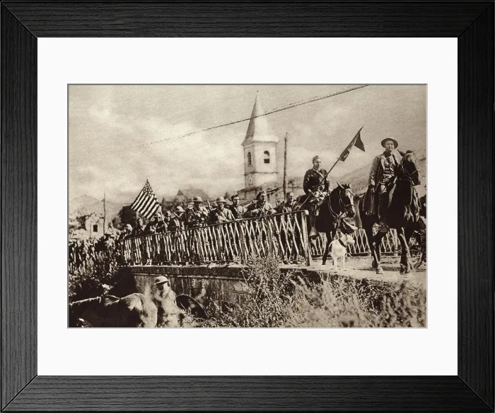 Framed Print : World War 1: Battle of St. Mihiel. Company of American Engineers, with colors flying, passing through the French town of Nonsard. Sept. 12-16, 1918. (BSLOC_2013_1_202)
