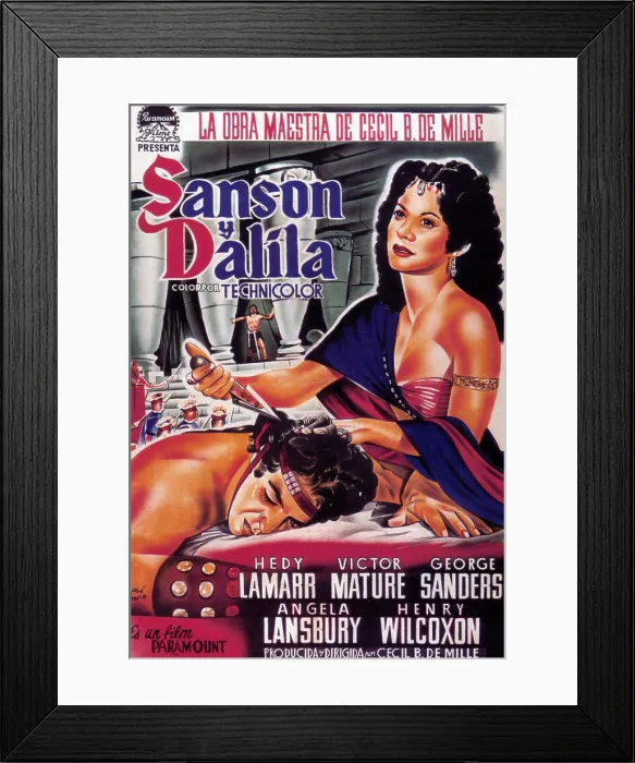 Framed Print : SAMSON AND DELILAH, (aka SANSON Y DALILA), l-r: Victor Mature, Hedy Lamarr on Spanish poster art, 1949