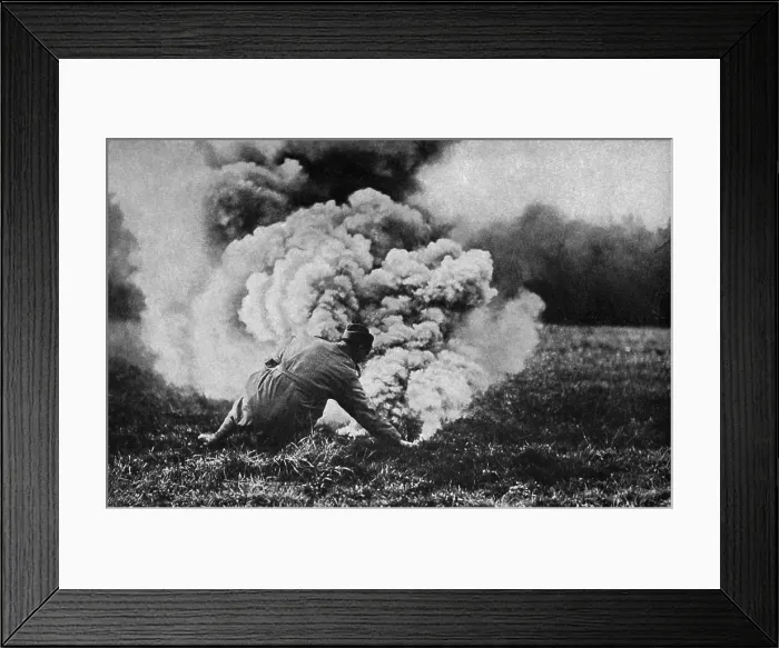 Framed Print : World War 1: Battle of the Argonne Forest. An American officer setting off a smoke producer, forming a screen through which the infantry will advance. The battle ran from Sept