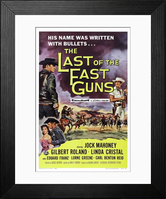 Framed Print : THE LAST OF THE FAST GUNS, US poster, top from left: Jock Mahoney, Gilbert Roland, bottom from left: Linda Cristal, Jock Mahoney, 1958 Framed Print : THE LAST OF THE FAST GUNS, US poster, top from left: Jock Mahoney, Gilbert Roland, bottom from left: Linda Cristal, Jock Mahoney, 1958