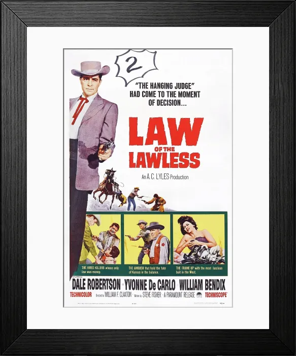 Framed Print : LAW OF THE LAWLESS, US poster art, Dale Robertson, (left), William Bendix, (bottom, center), Yvonne DeCarlo, (bottom right), 1964