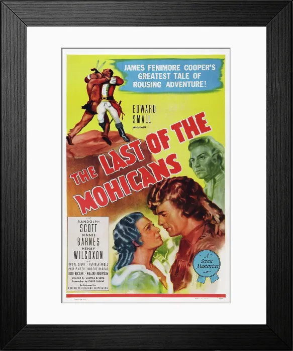 Framed Print : THE LAST OF THE MOHICANS, US poster art, from left: Binnie Barnes, Randolph Scott, Henry Wilcoxon, 1936 Framed Print : THE LAST OF THE MOHICANS, US poster art, from left: Binnie Barnes, Randolph Scott, Henry Wilcoxon, 1936