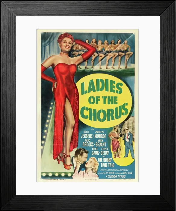 Framed Print : LADIES OF THE CHORUS, left: Adele Jergens, bottom l-r: Rand Brooks, Marilyn Monroe on poster art, 1948 Framed Print : LADIES OF THE CHORUS, left: Adele Jergens, bottom l-r: Rand Brooks, Marilyn Monroe on poster art, 1948