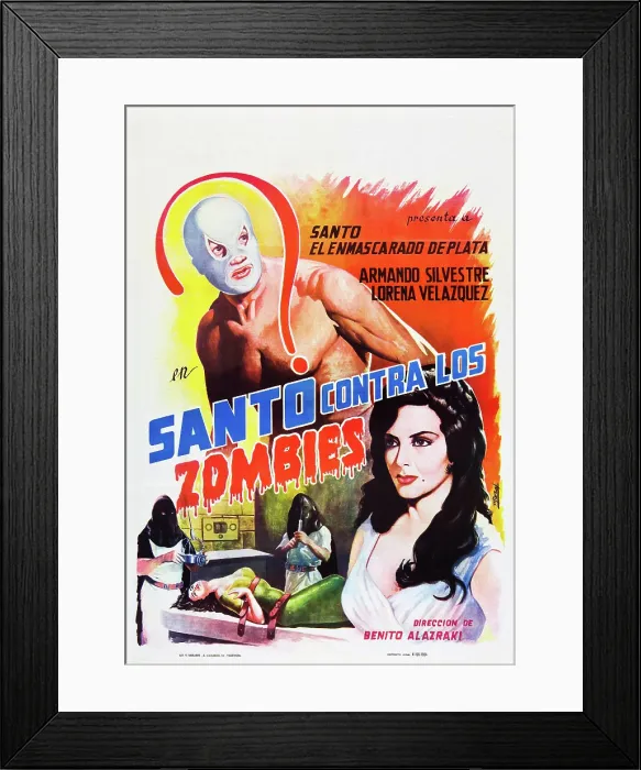 Framed Print : SANTO CONTRA LOS ZOMBIES, (aka INVASION OF THE ZOMBIES, aka SANTO VS. THE ZOMBIES), from top: Santo, Lorena Velazquez on Mexican poster art, 1962