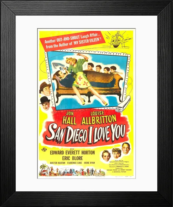 Framed Print : SAN DIEGO I LOVE YOU, US poster, Jon Hall, Louise Allbritton (sofa), behind sofa from left: Rudy Wissler, Donald Davis, Charles Bates, Gerald Perreau