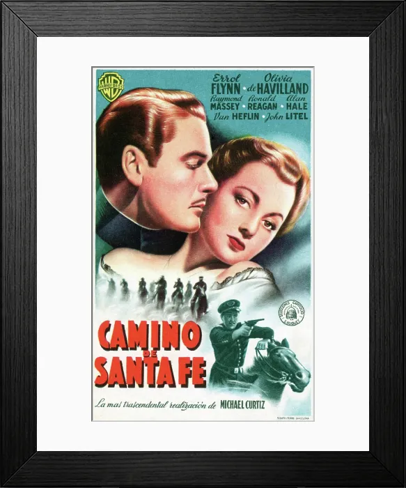 Framed Print : SANTA FE TRAIL, Errol Flynn, Olivia De Havilland, (Spanish ad art) 1940