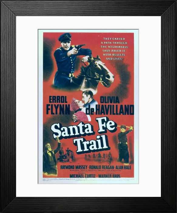 Framed Print : SANTA FE TRAIL, top: Errol Flynn, center from left: Olivia de Havilland, Errol Flynn on midget window card, 1940 Framed Print : SANTA FE TRAIL, top: Errol Flynn, center from left: Olivia de Havilland, Errol Flynn on midget window card, 1940