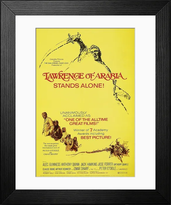 Framed Print : LAWRENCE OF ARABIA, top: Peter O'Toole, bottom l-r: Peter O'Toole, Alec Guinness on poster art, 1962