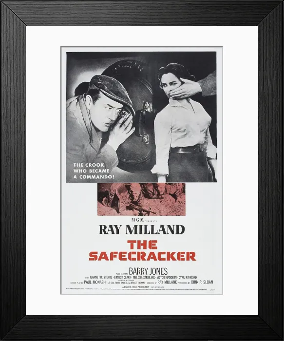 Framed Print : THE SAFECRACKER, US poster art, top from left: Ray Milland, Jeanette Sterke; bottom from left: Barry Jones, Ray Milland, 1958