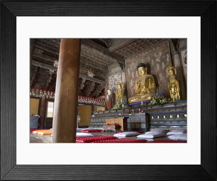 Framed Print : KOREA. Seokguram Grotto. Pulguksa Temple. The Three Buddhas, present (middle), past (left) and future (right) inside the main temple. On the floor, cushions for the monks Framed Print : KOREA. Seokguram Grotto. Pulguksa Temple. The Three Buddhas, present (middle), past (left) and future (right) inside the main temple. On the floor, cushions for the monks