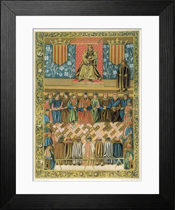 Framed Print : Spain. Crown of Aragon. Catalan General Courts in Lleida (1242). King James I chairing the session of the Courts. Facsimile. Engraving. AISA / Everett Collection**US SALES ONLY**