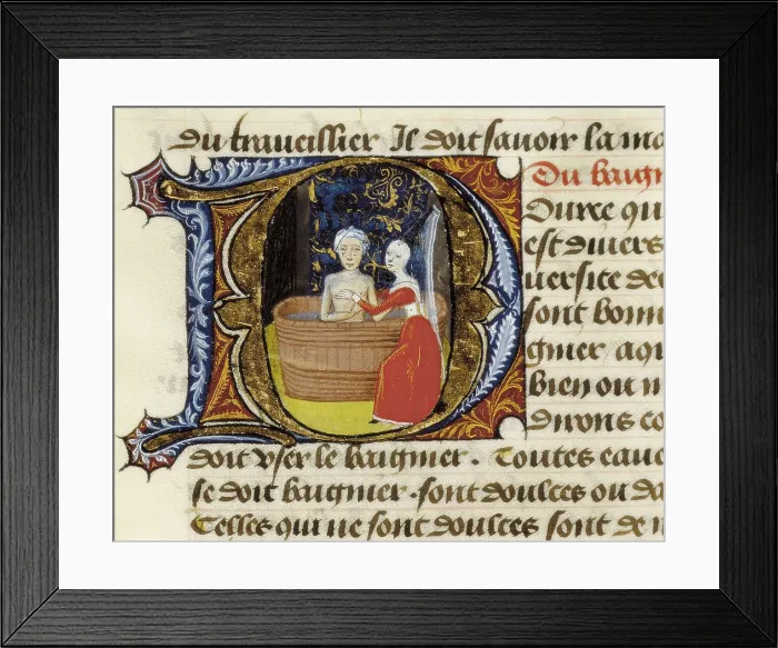 Framed Print : Aldebrando da Firenze. Treatise on Medicine (1356). Folio 4r: The property and use of the toilet. Gothic art. Miniature Painting. PORTUGAL. Lisbon. Ajuda Library