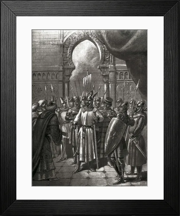 Framed Print : Spain. Crown of Aragon. Conquest of Majorca (1232). Submission of the Almohad wali Ab Yahya to the king James I. Drawing by J. Aleu. Engraving