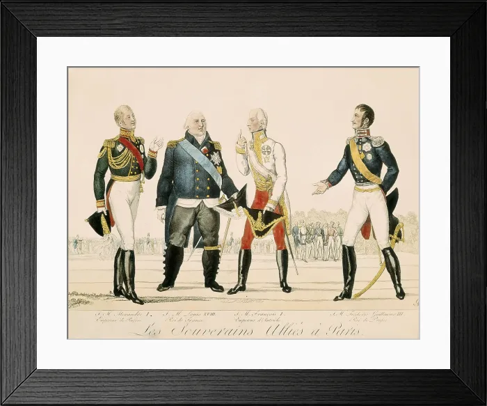 Framed Print : The Allied sovereigns in Paris (1815). From left to right, Tsar Alexander I of Russia, Louis XVIII of France, Francis II of Austria and Frederick William III of Prussia. Etching