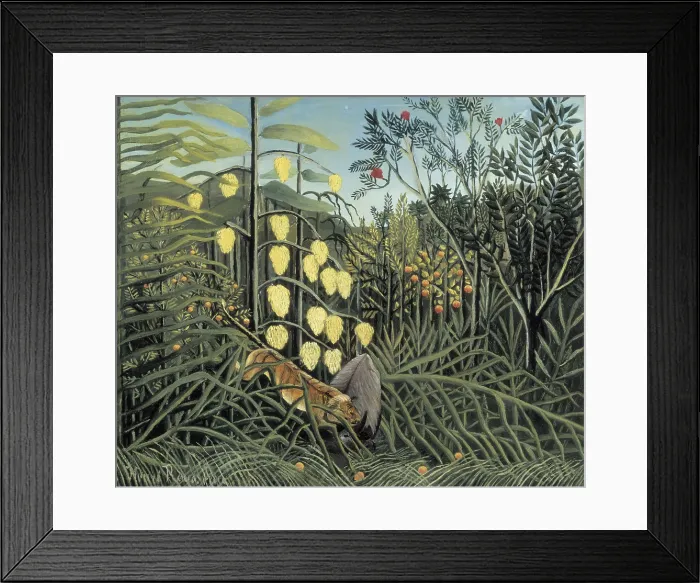 Framed Print : Rousseau, Henri (1844-1910). In a Tropical Forest. Struggle between Tiger and Bull. 1908 - 1909. Naive art. ; Post-Impressionism. Oil on canvas. RUSSIA. Saint Petersburg