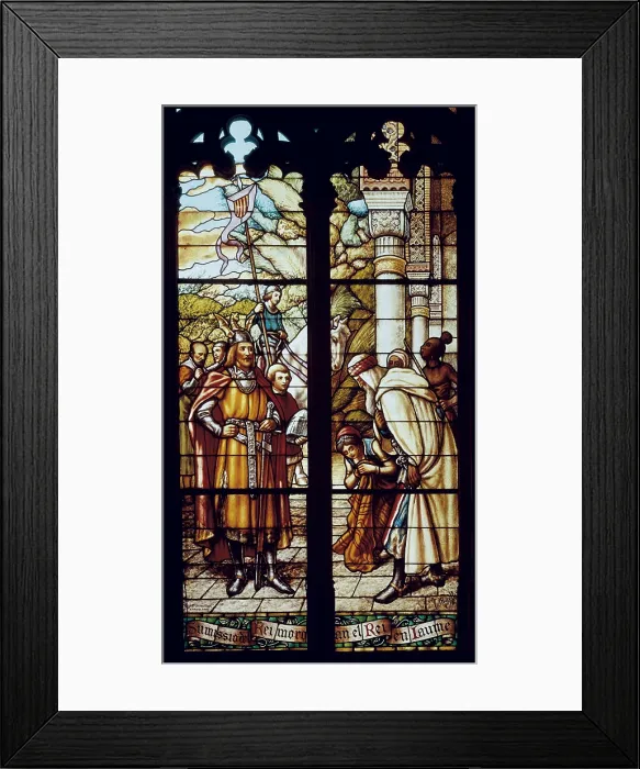 Framed Print : Spain. Crown of Aragon. Conquest of Majorca (1232). Submission of the Almohad wali Ab Yahya to the king James I. Glass window. AISA / Everett Collection**US SALES ONLY**